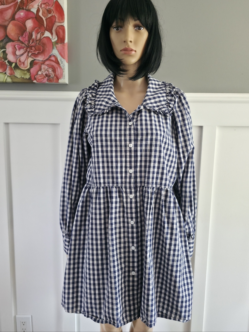 Levi’s Gingham Mira Dress | Ruffle Collar | Navy & White | Cottagecore | Size M - Picture 3 of 16